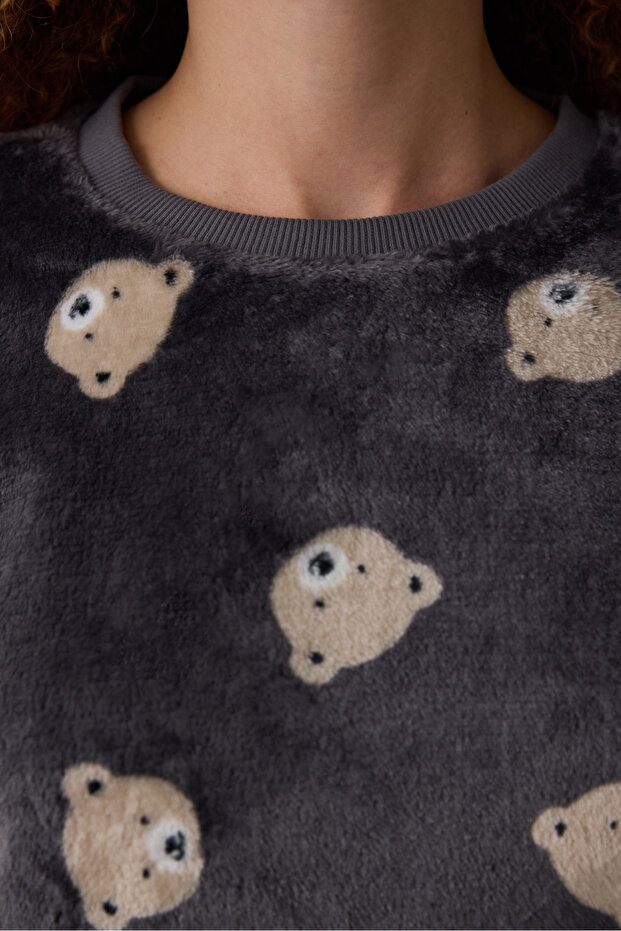 Dark Gray Bear Patterned Long Sleeve Pajama Set - 4