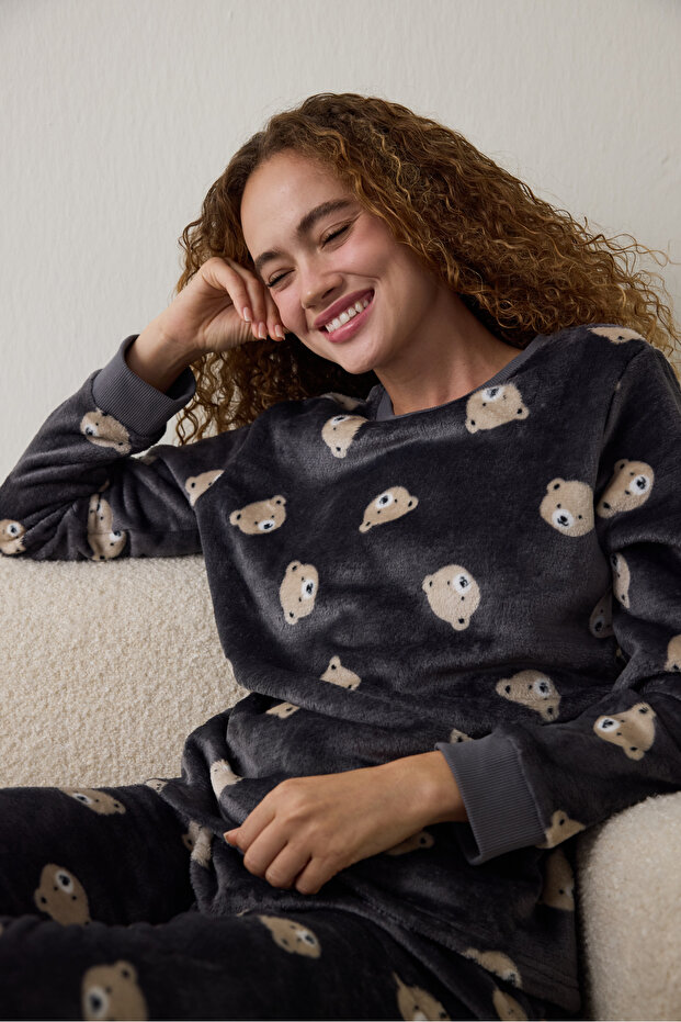 Dark Gray Bear Patterned Long Sleeve Pajama Set - 1