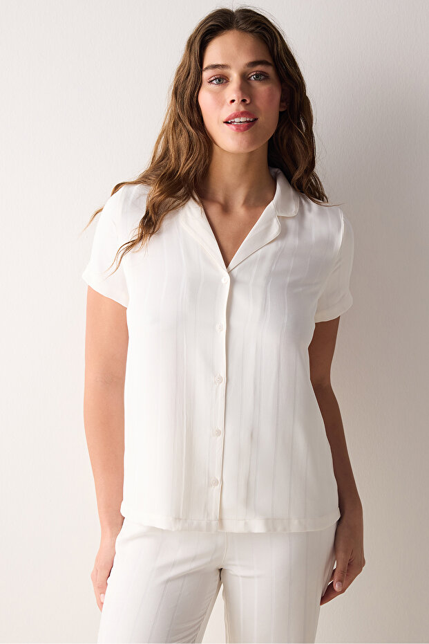 Hannah Satin White Button Shirt Pajama Set