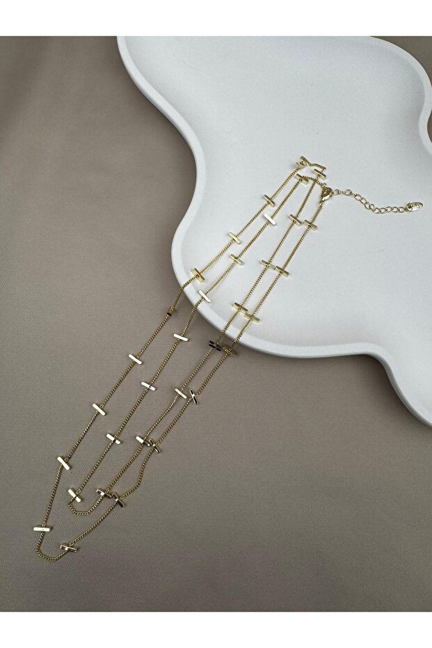 Multi-Layered Rectangular Detailed Adjustable Gold Chain Necklace - 7