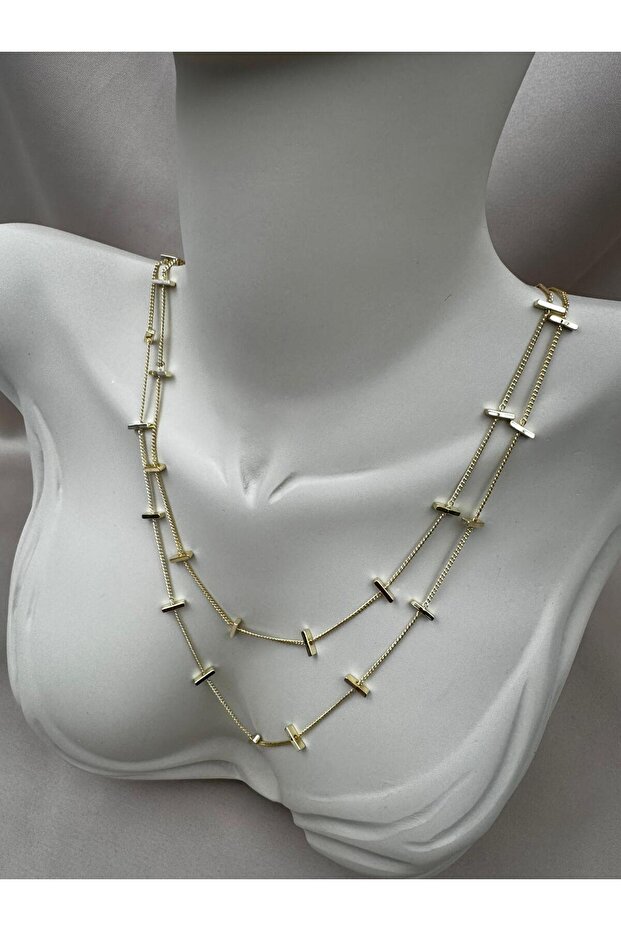 Multi-Layered Rectangular Detailed Adjustable Gold Chain Necklace - 1