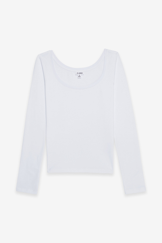 Women's Oval Neck Long Sleeve Basic Cotton Blouse White