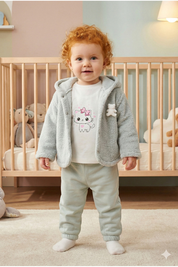 Baby Girl Bear Embroidery Detail 3-Piece Tracksuit Set (9-12-18 Months)