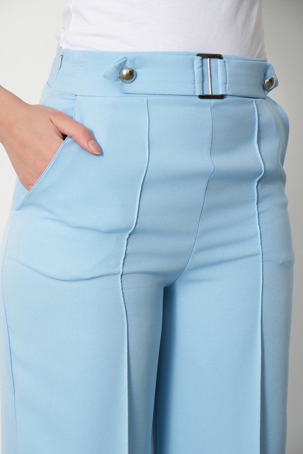 Women's Light Blue High Waist Palazzo Pants with Pockets, Wide Legs, Button Detail Slim Fit Kalip Trousers
