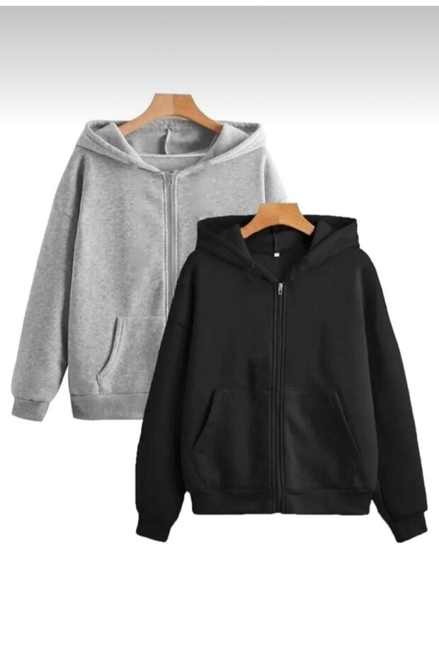 Women-Men 2-Piece Sweatshirt Zippered Hooded Grey-Black Cardigan