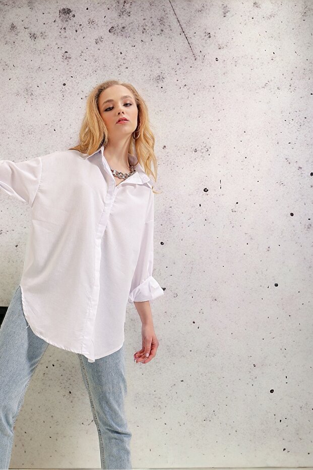 Kadın Beyaz Oversize Uzun Basic Gömlek - 4