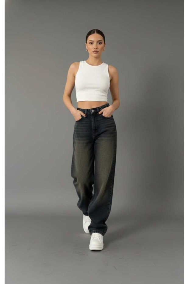 Baggy Jeans Buckle Detailed Navy Blue Top Coffee Tint Chemical Super High Waist Lycra Free
