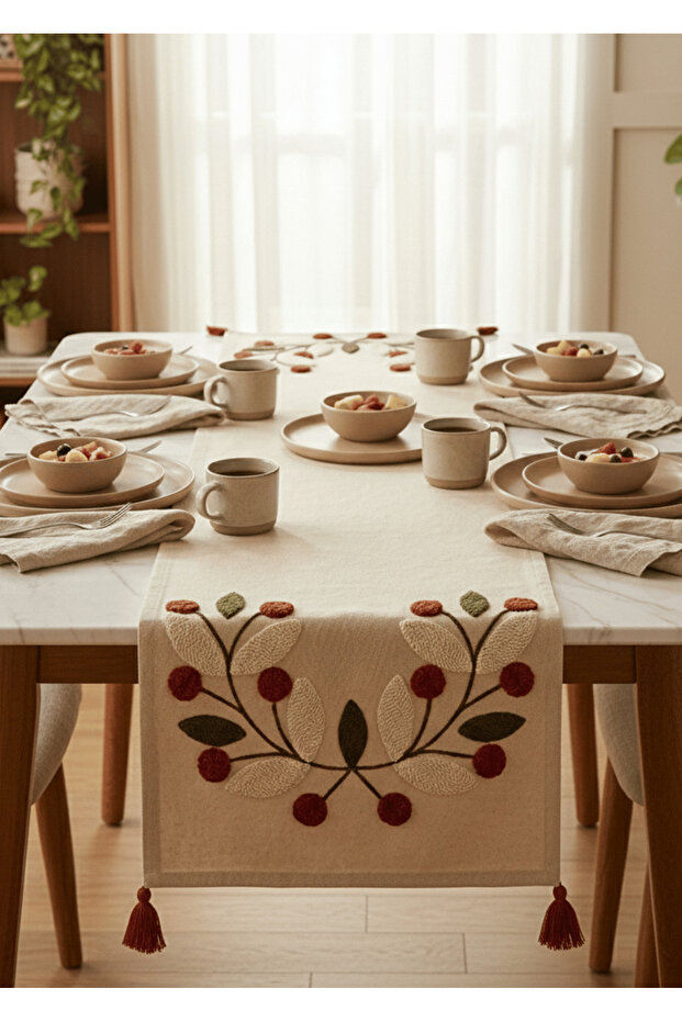 Buldan Handwork Floral Pattern Embroidered Tasseled Cotton Runner (40X130 cm)