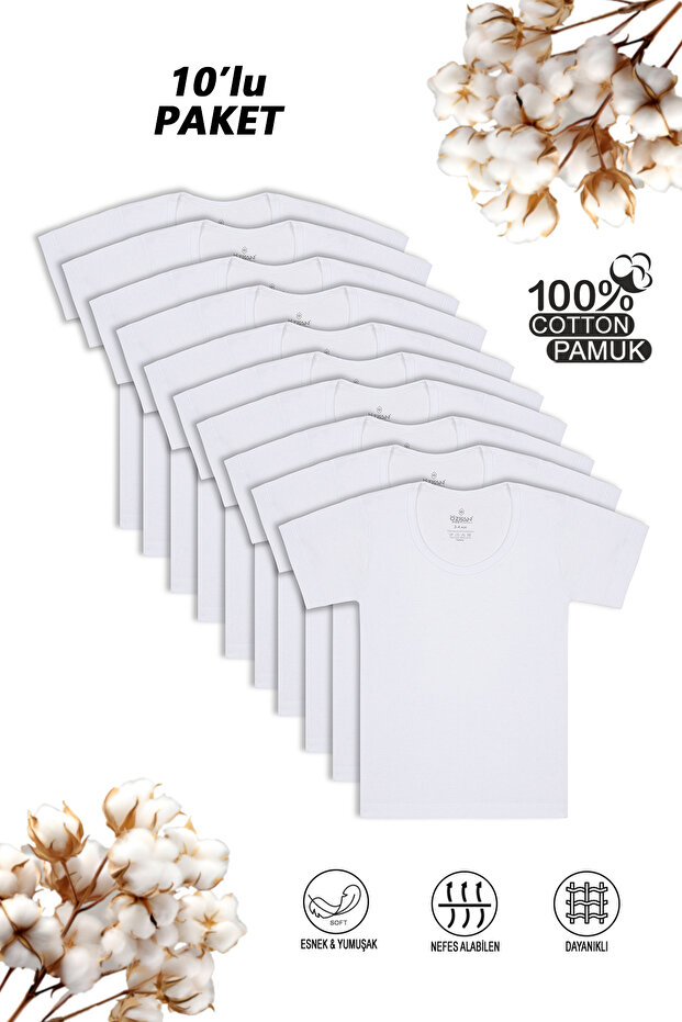 0803 Pack of 10 Boys' 100% Cotton Ribbed Flexible Comfortable Short Sleeve Wide Collar Undershirt Undershirt