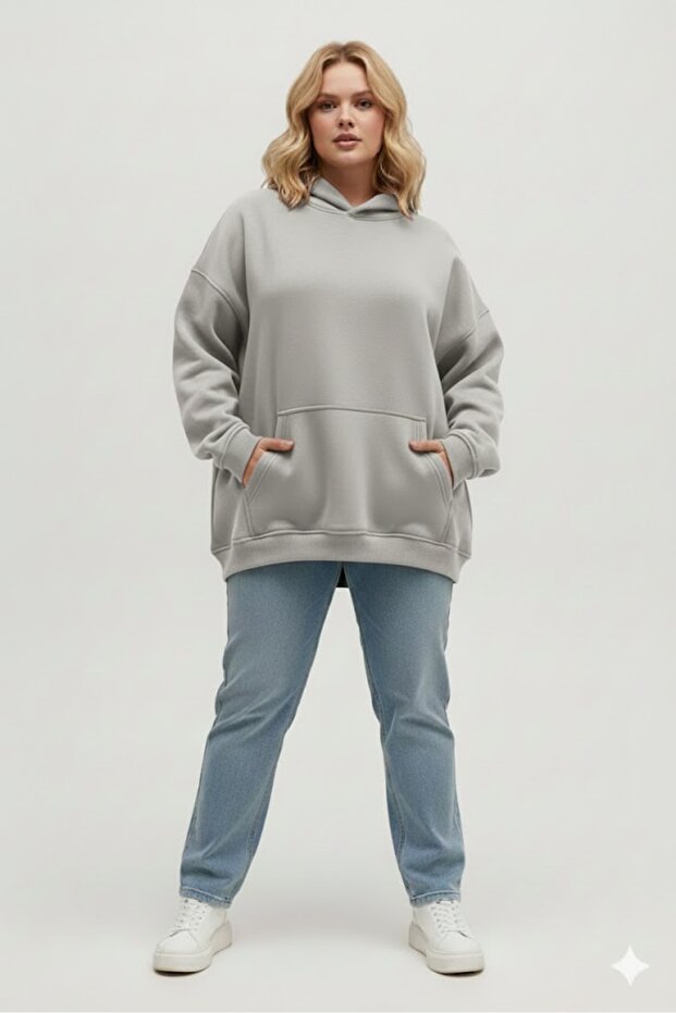 Gray Hooded Model Oversize Plus Size Regular Fit Unisex Large Size Sweatshirt