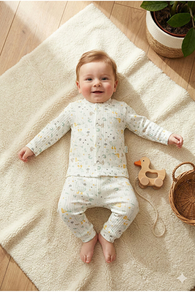 White 2-Piece Baby Pajama Set with Goose Pattern