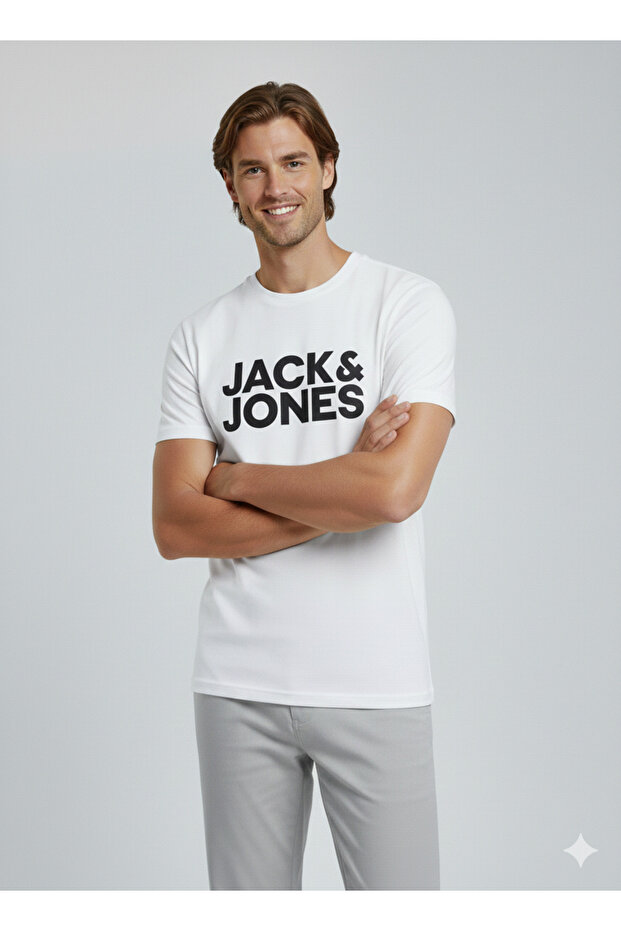 Men's Jjecorp Print Detailed Crew Neck T-shirt 12151955 White