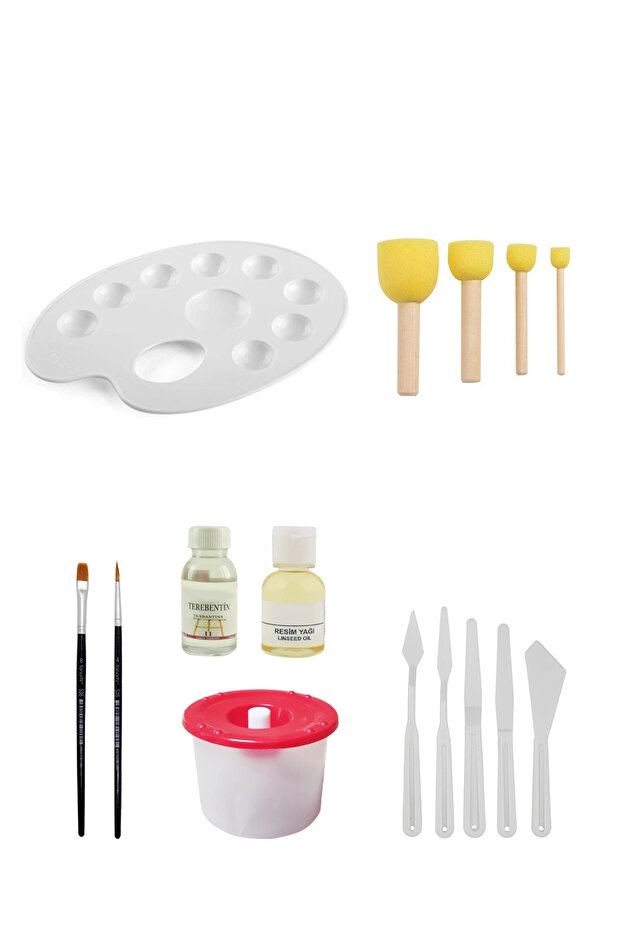 Godeli Palette Pompom Brush Set Flat Round Brush Painting Oil Turpentine Water Container Plastic Spatula Set