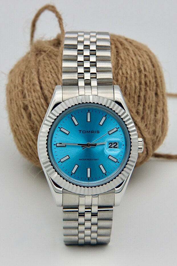 Steel Men's Wristwatch, Waterproof, Calendar, Silver Color Cord, Blue Men's Wristwatch
