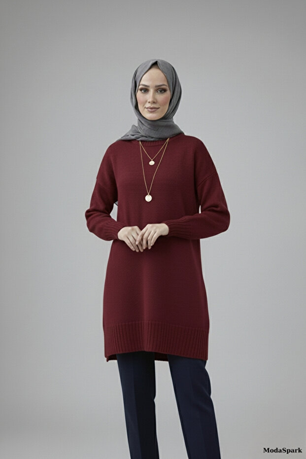 Bordo Bisiklet Yaka Oversize Triko Tunik - 8