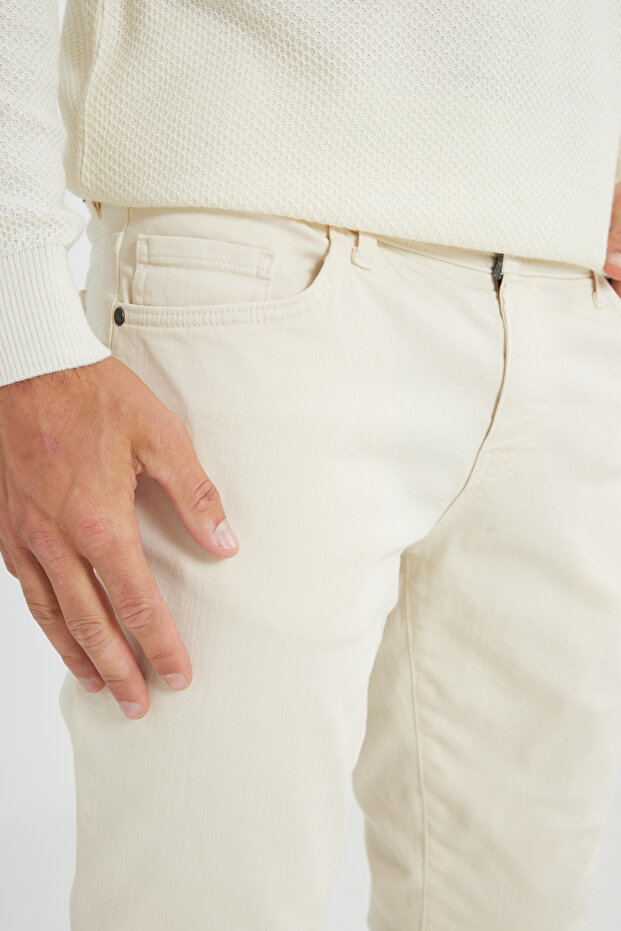 Erkek Ekru Diz İzi Yapmayan 360 Derece Her Yöne Esneyen Rahat Slim Fit Pantolon - 5