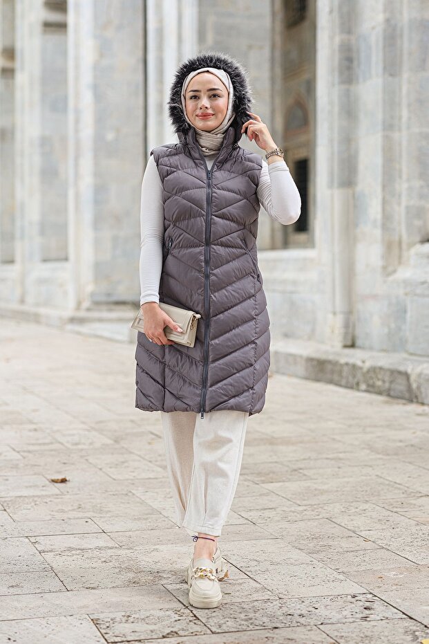 Women's Hooded Sleeveless Puffer Vest Gray - Slim Fit