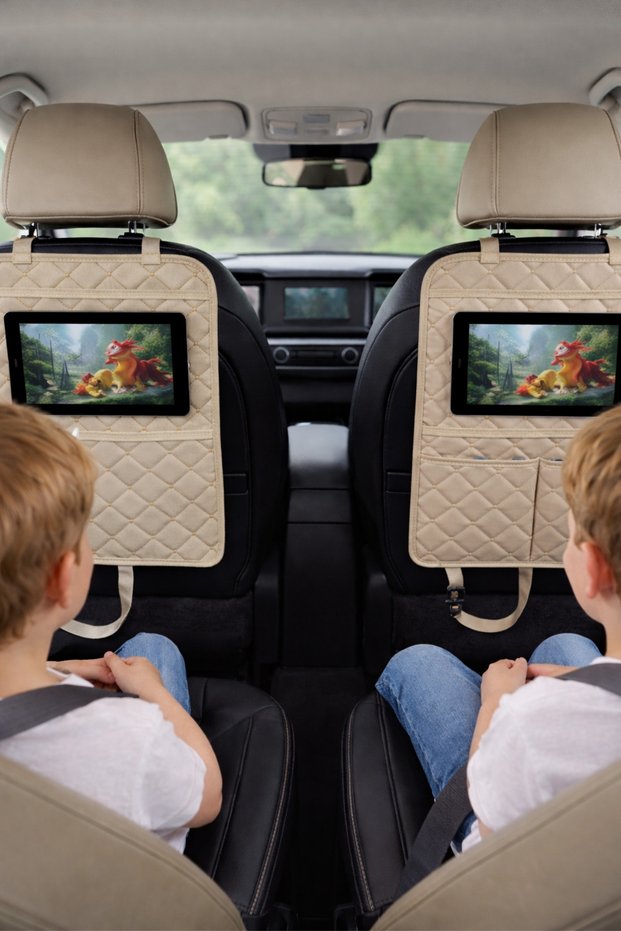 2 Pieces Beige Leather Quilted Car Seat Back Organizer Tablet Holder Organizer iPad Tablet Holder
