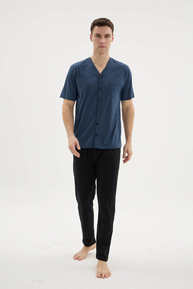 طقم بيجامة رجالي بياقة على شكل V وأزرار طويلة - ملابس خارجية - 7