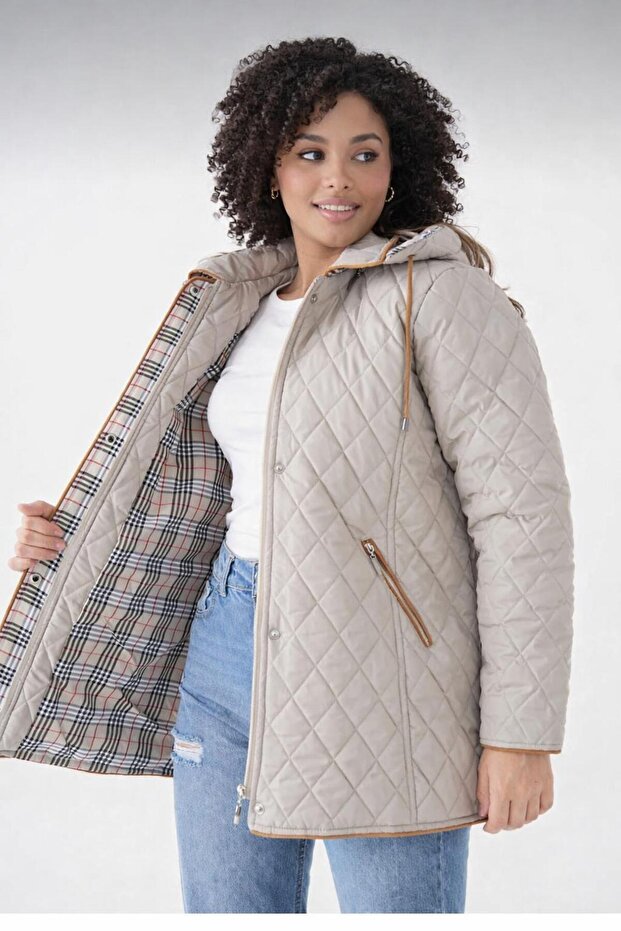Spring Plaid Quilted Hooded Jacket Plus Size Quilted Jacket Water-Resistant