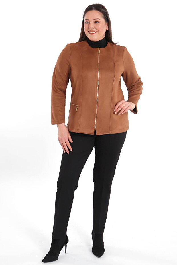 سترة من جلد الغزال البني بسحاب - 7