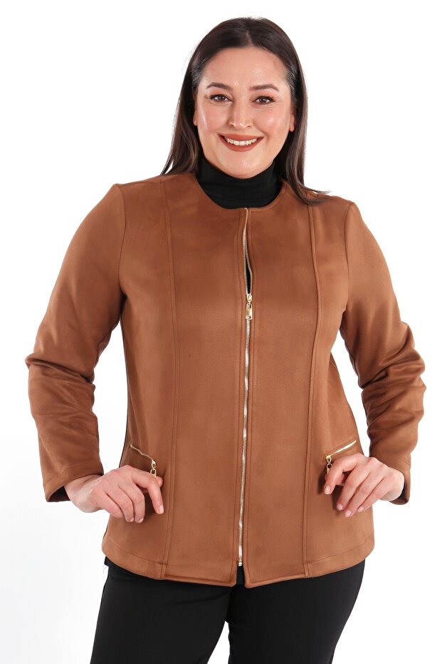 سترة من جلد الغزال البني بسحاب - 8