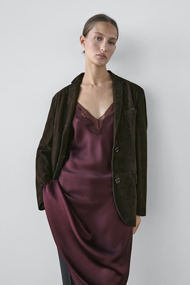 Dökümlü dantelli midi elbise - 4