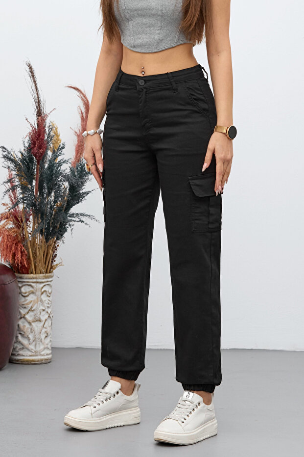 Black Cargo Pocketed Gabardine Fabric Trousers