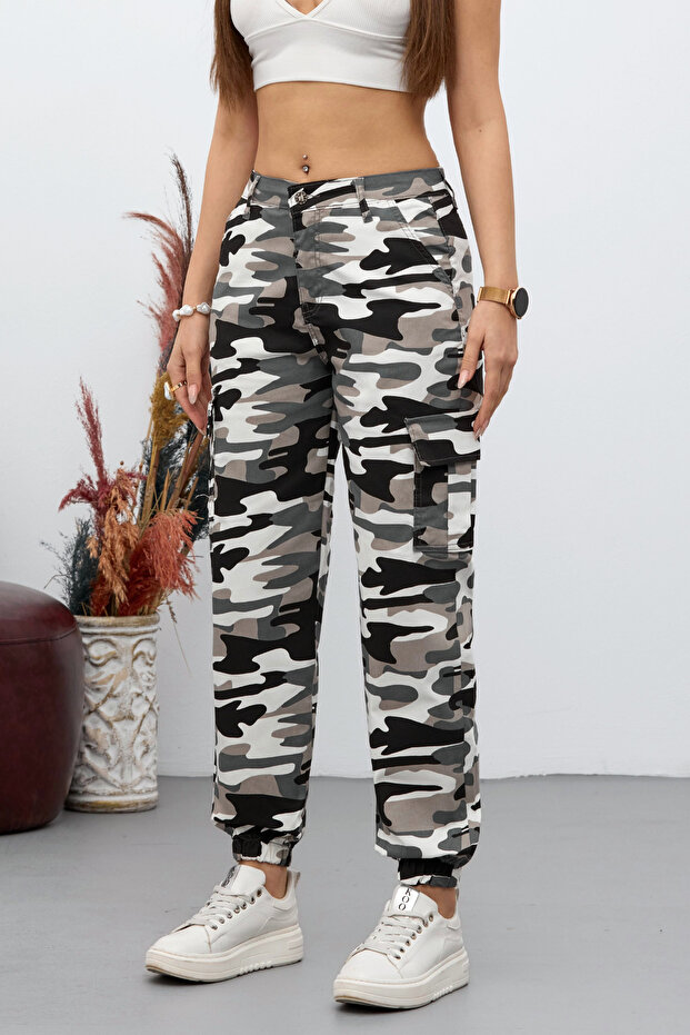 White Camouflage Cargo Pocket Gabardine Fabric Trousers