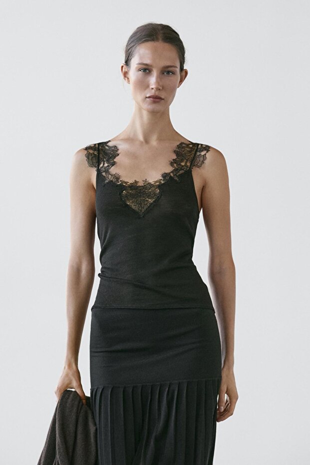 Askılı dantel şeritli triko bluz - 2