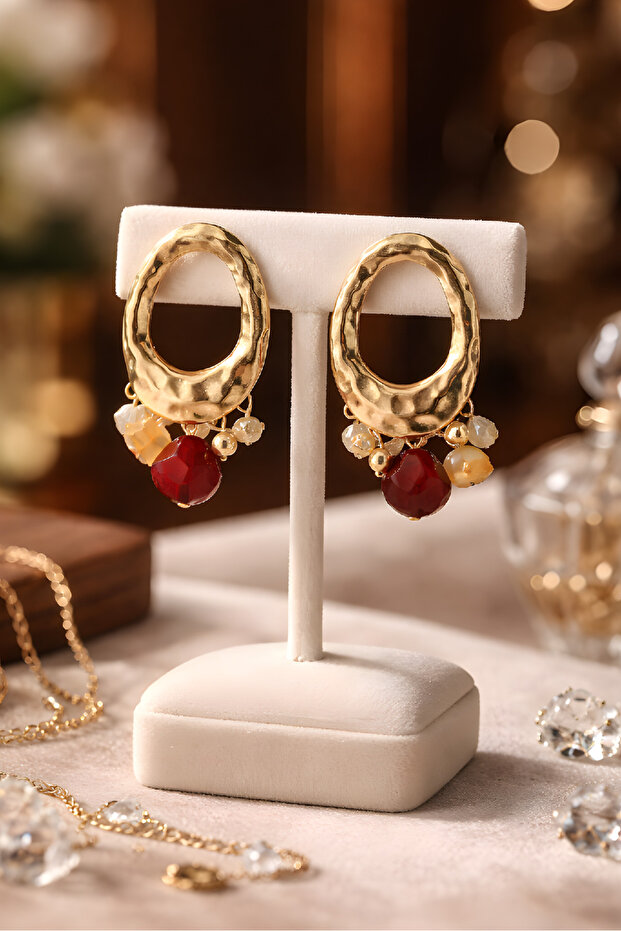 Marka Model, Çelik Bordo Taşlı Küpe - 2