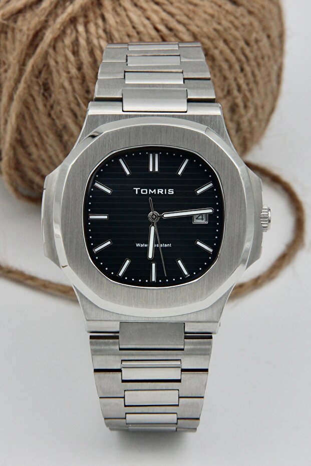 Steel Men's Wristwatch, Waterproof, Calendar, Silver Color Cord, Black Men's Wristwatch