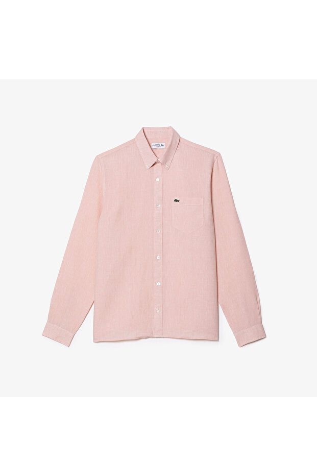 Erkek Regular Fit Düğmeli Yaka Keten Açık Pembe Gömlek - 4