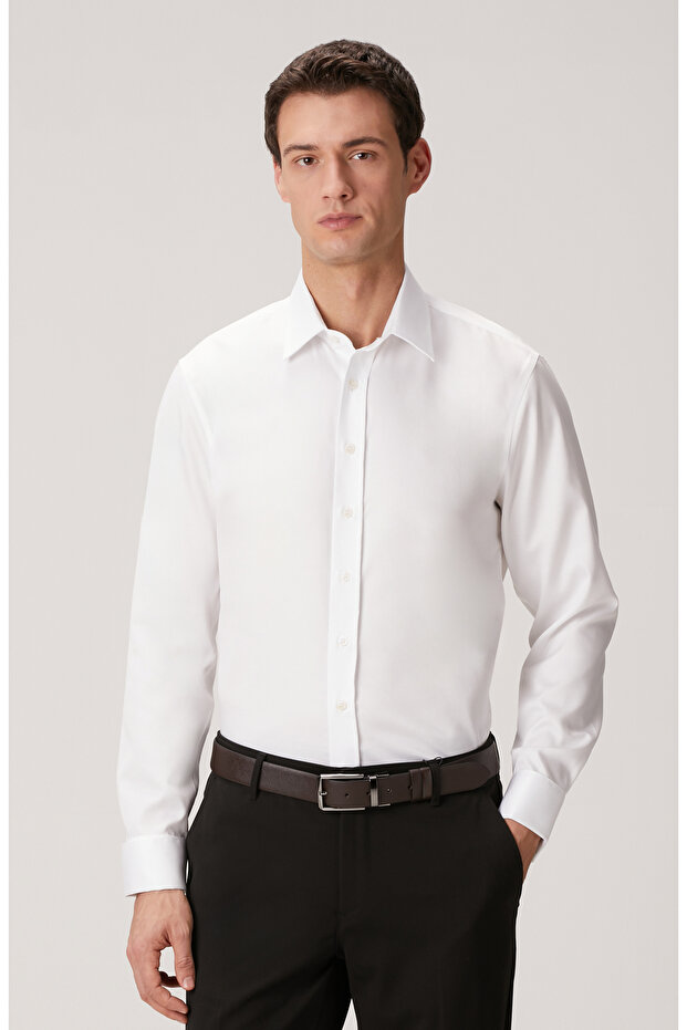 Non-Iron Beyaz Saten Gömlek - 1