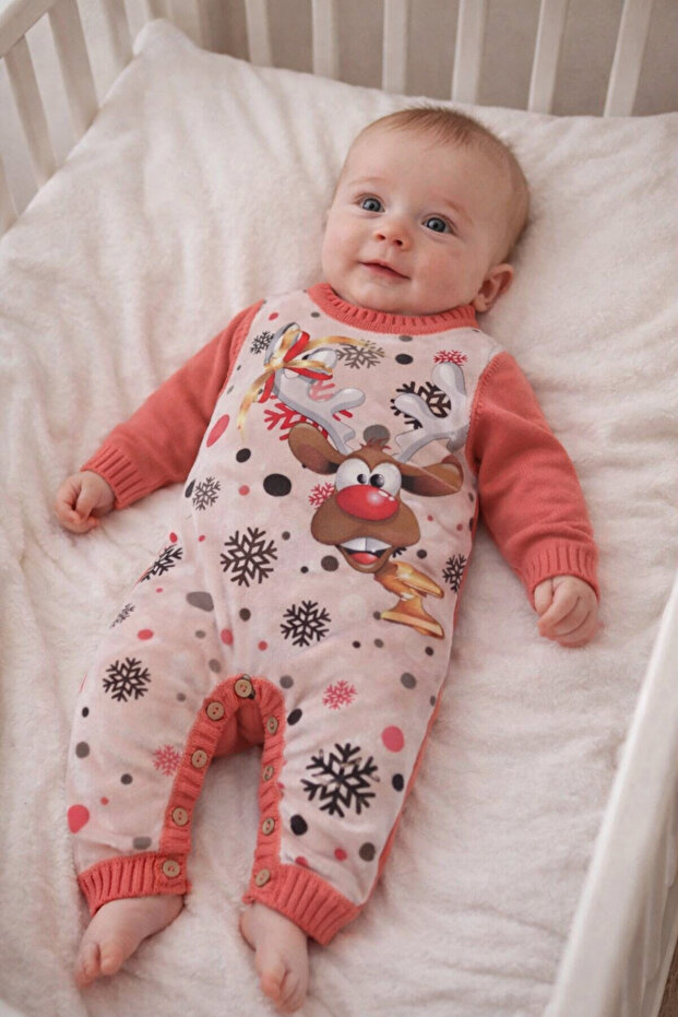 Geyik Baskı Triko Tulum Mercan - 1