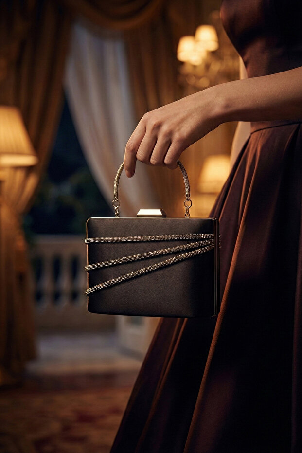 Black Satin Stone Metal Handle Chain Strap Evening Bag