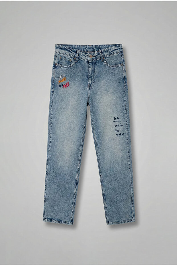 Men's Slogan Embroidered Baggy Jean Trousers Blue