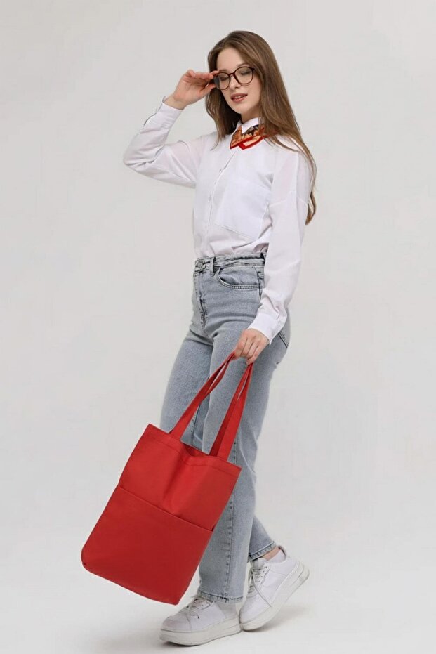 3 Cepli Kırmızı Gabardin Çanta - 4