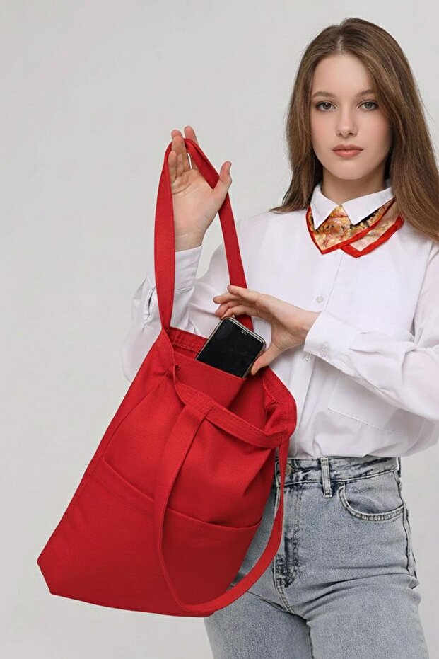 3 Cepli Kırmızı Gabardin Çanta - 7