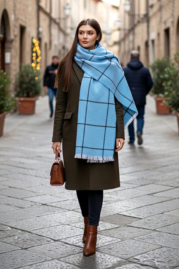 Square patterned scarf shoulder shawl 70x180 cm 1210 blue