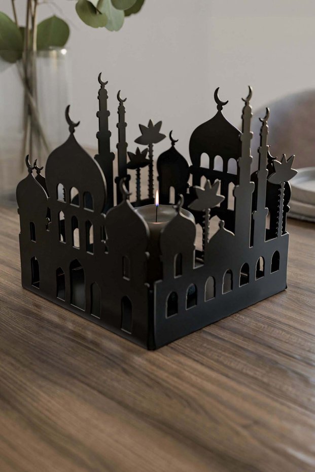 Ramadan Mosque Motif Square Metal Candle Holder - Ramadan Table Decoration
