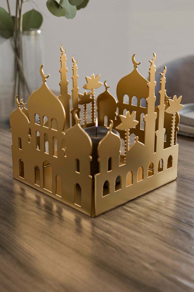 Ramadan Mosque Motif Square Metal Candle Holder - Ramadan Table Decoration