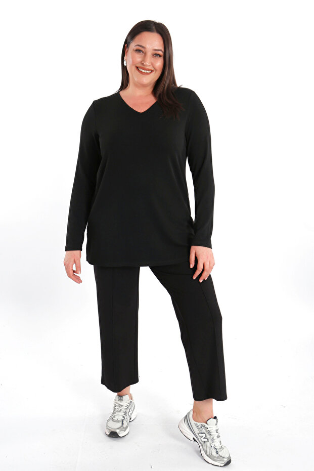 Trend42Plus Plus Size V Neck Slit Basic Black Blouse - 4