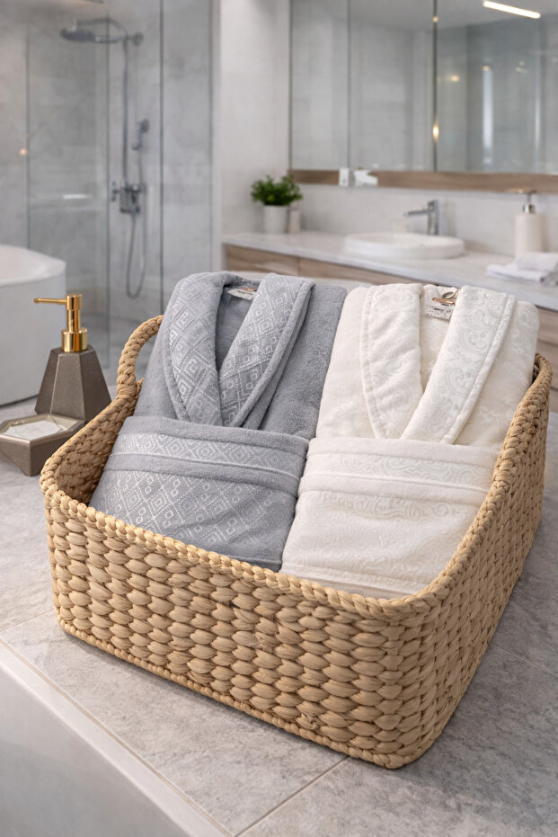 Dory Aile Bornoz Seti - Krem - Gri - 1