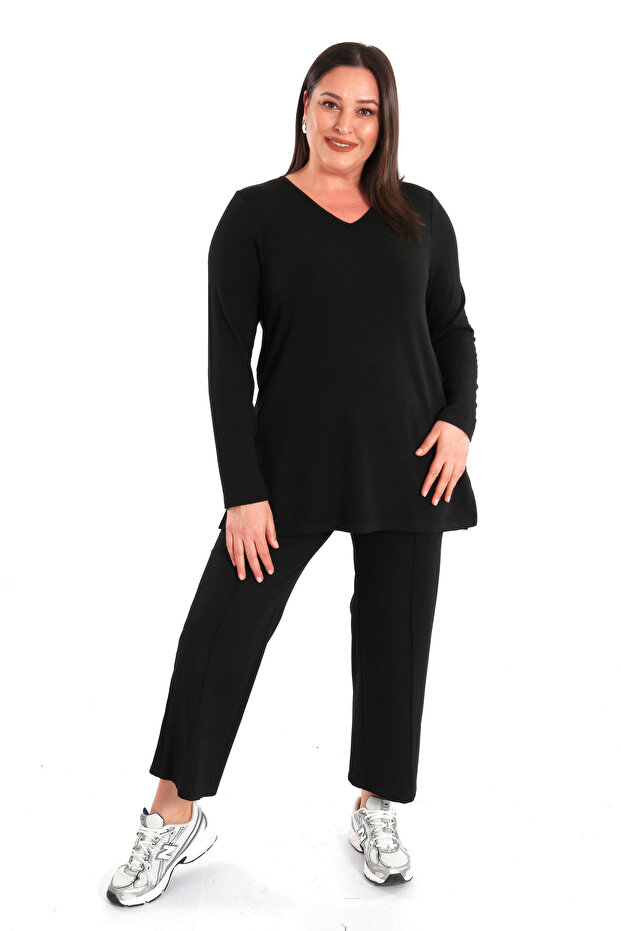 Trend42Plus Plus Size V Neck Slit Basic Black Blouse - 2