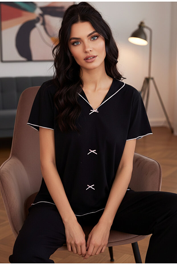 Black Bow Knitted Pajama Set7871