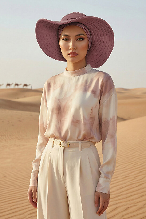 Combed Cotton Bonnet Turban with Detachable Bow on the Back, S-4, Dusty Rose