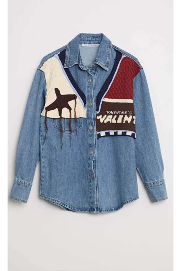 Triko Detaylı Denim Gömlek - 3