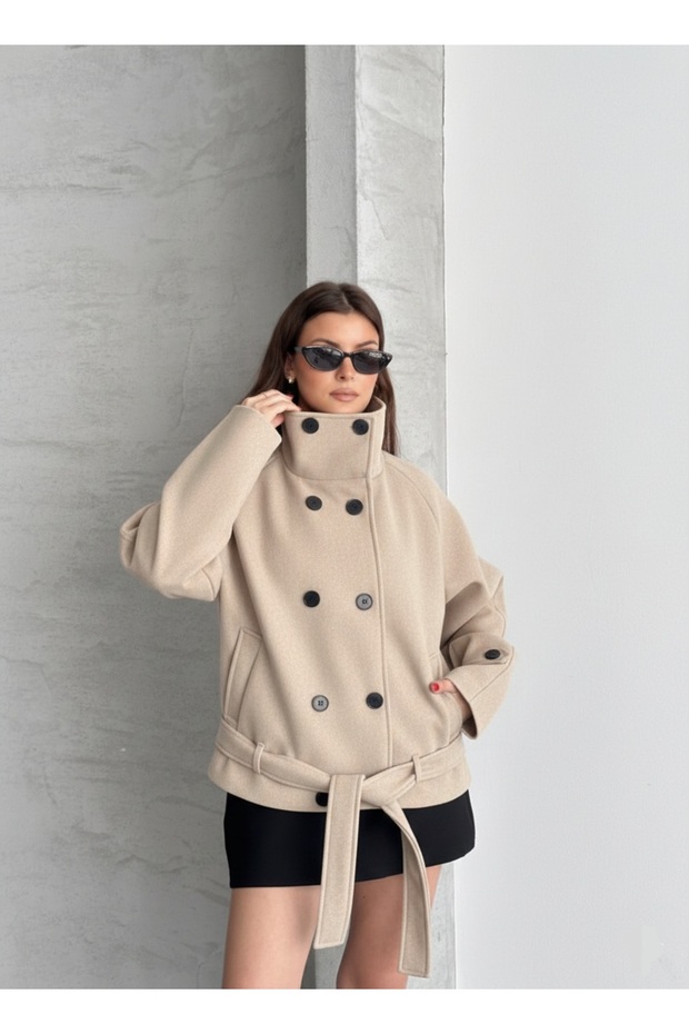 Double-Breasted Stand-Up Collar Short Coat with Belt