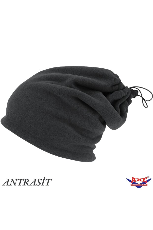 Winter Anthracite Unisex Hat with Drawstring Fleece Neck Collar That Can Be Used as a Beanie